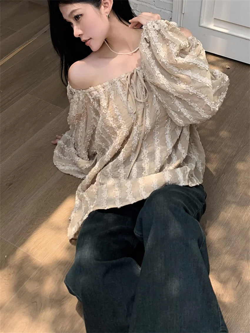 Aiertu  -  Fashion Lantern Sleeve Blouses Women Summer Casual Chic 2026 Loose Vintage Mujer Slash Neck Vacation Off Shoulder Beach Aiertu