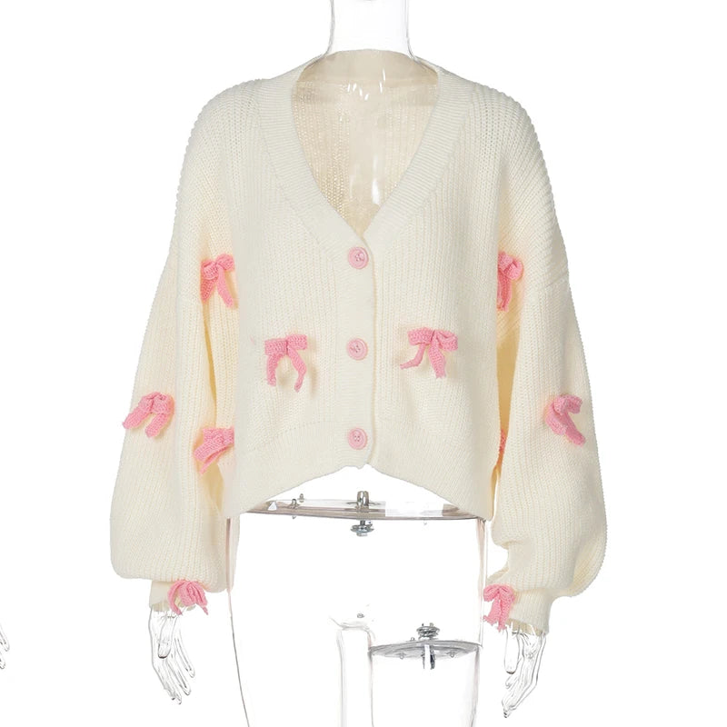 Aiertu  -  Bows Sweater Cardigan For Women V Neck Long Sleeve Autumn Winter Knitted Short Cardigan Lazy Single Breasted Chic Fashion Aiertu