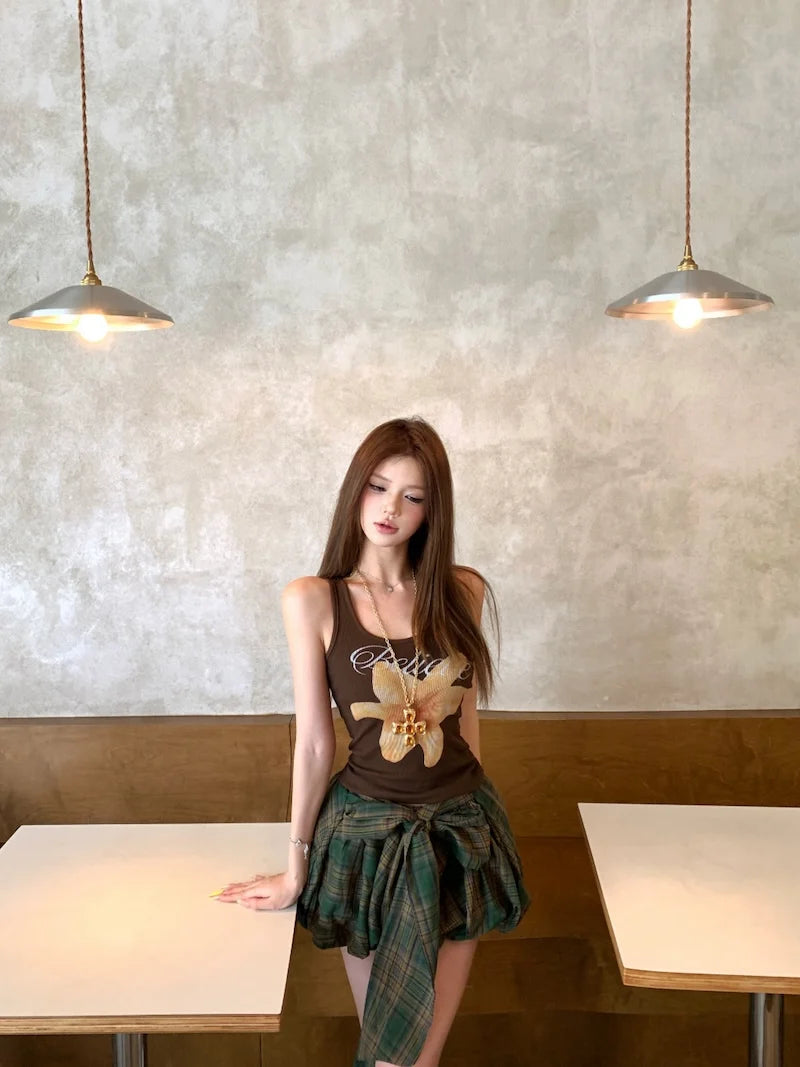 Aiertu  -  Summer New American Lace-up Pleated Plaid Casual Bud Skirt Women + Floral Printed Sexy Slim Camisole Two Pieces Suit Aiertu