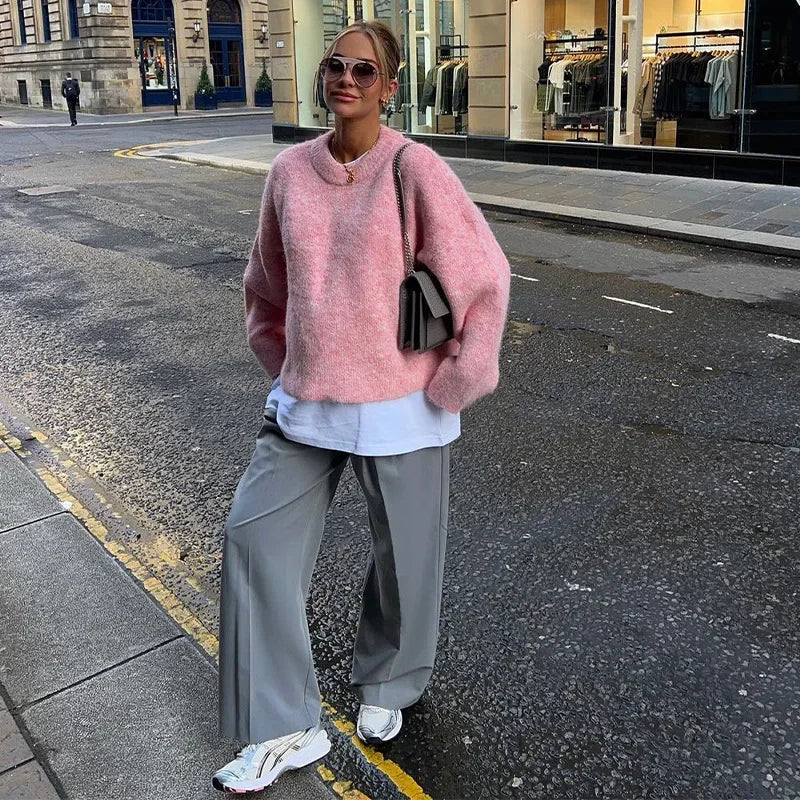 Aiertu  -  Elegant Knit Solid Women Pullover Loose Full Sleeve O Neck Female Sweater 2024 Autumn Fashion Pink All Match Lady Knitwear Aiertu
