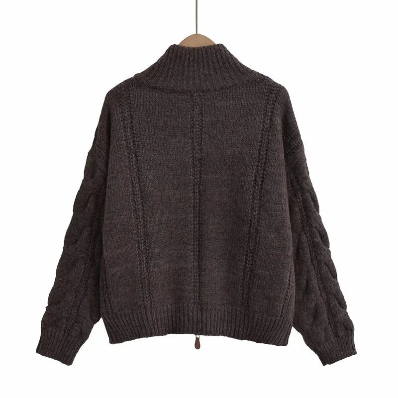 Aiertu  -  casual winter outfits Women Coffee Knitted Yarn Twist Cardigan Women Autumn Winter Stand Collar Zipper Thick Sweater Female Retro Tops Aiertu