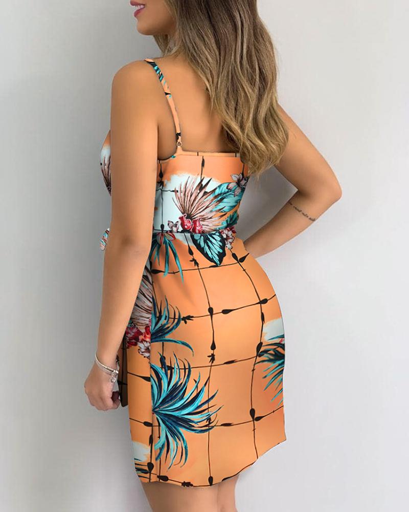 Aiertu Tropical Print V-Neck Wrap Casual Dress Women Sleeveless Summer Holiday Mini Dress Aiertu