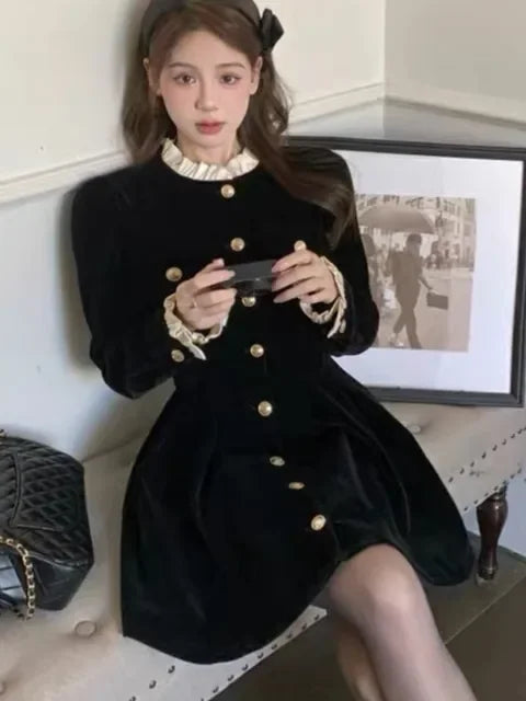 Aiertu  -   party look snspos Autumn Black Velvet Dresses for Women Long Sleeve Single Breasted Evening Party Dress Korean Fashion A-line Vestido Mujer New Aiertu