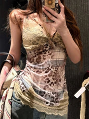 Aiertu  -  Vintage Leopard Printing Streetwear Tanks Women Sexy Patchwork Lace Slim Fit Camisole Summer Harajuku Y2k Aesthetic Tank Top Aiertu