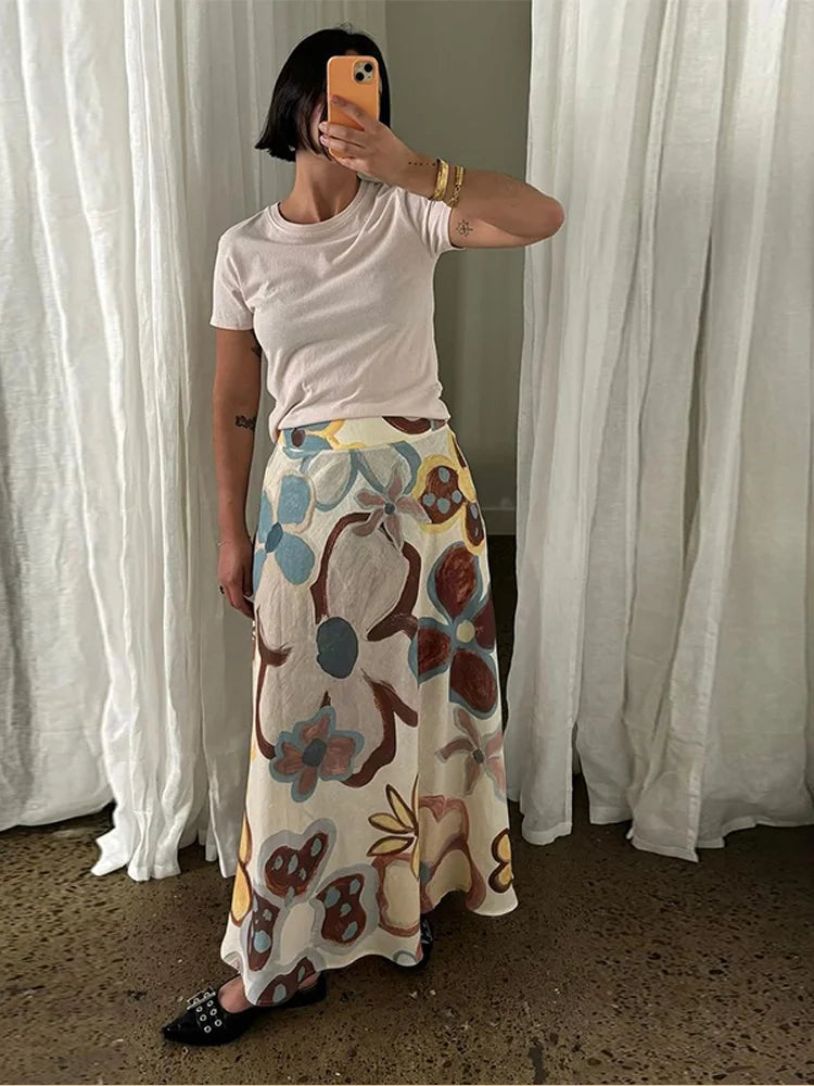 Aiertu  -  Off Shoulder Printed Top Half Skirt Women 2PCS Set Lantern Sleeve Pleated Crop Fluffy Blouse Pullover High Waisted Long Skirts Aiertu