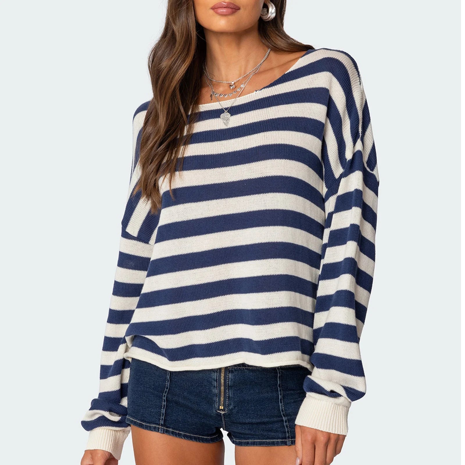 Aiertu  -  Womens Striped Loose Knit Sweater Fall Fashion Round Neck Long Sleeve Drop Shoulder Pullovers Casual Knitwear Aiertu