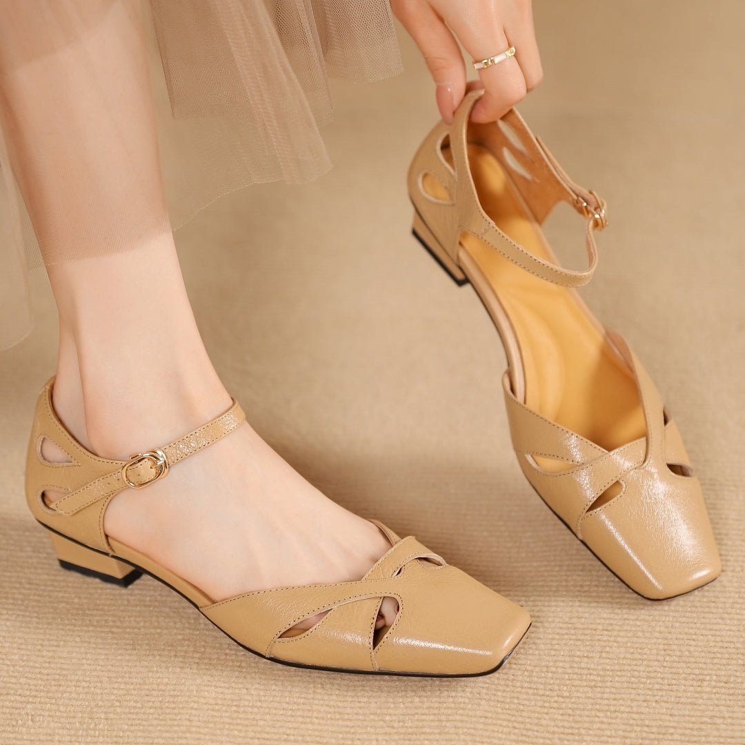 Aiertu  -  Plus size 34-41 women's genuine leather hollow-out ankle strap flats sandals elegant ladies slim daily dress shoes for woman hot Aiertu
