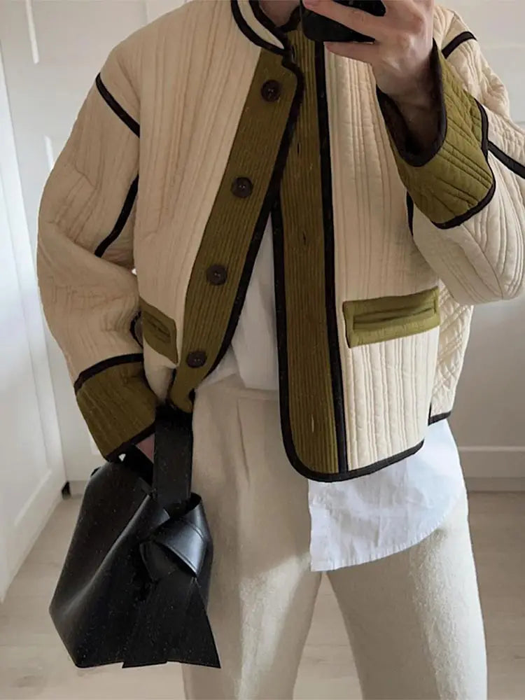 Aiertu  -  Fashion Contrast Single Breasted Stand Collar Women's Jacket Elegant Pocket Long Sleeve Coats 2026 Autumn Lady Chic Outerwear Aiertu