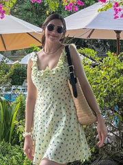 Aiertu  -  Women's Floral Print Mini Dresses 2026 Summer Sleeveless U Neck Ruffled Hem Vacation Outfit Light Green Leaf Elegant Party Dress Aiertu