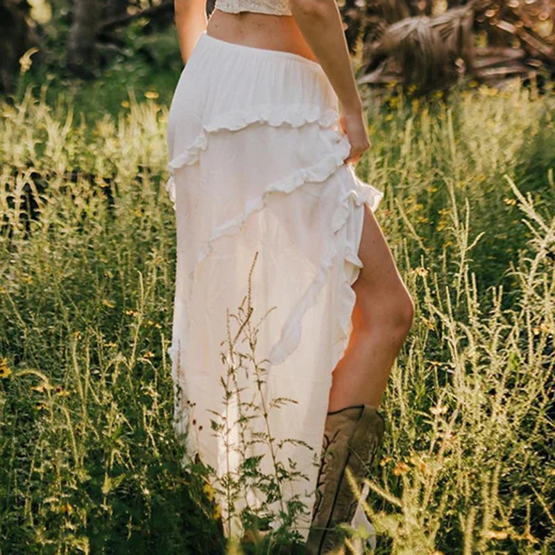 Aiertu  -  Y2K White Trim Midi Skirts Women Split Low Waisted Tie Up Long Skirts Women Fairycore Summer French Skirts Holiday Beach Aiertu