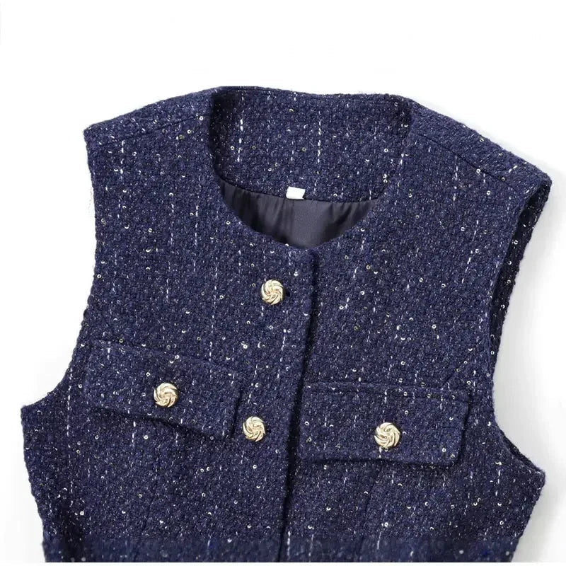 Aiertu  -  Elegant Solid Tweed Sequin Women Vests Sleeveless O-Neck Female Tank Fashion Slim Autumn Single Breasted Lady Waistcoat Aiertu