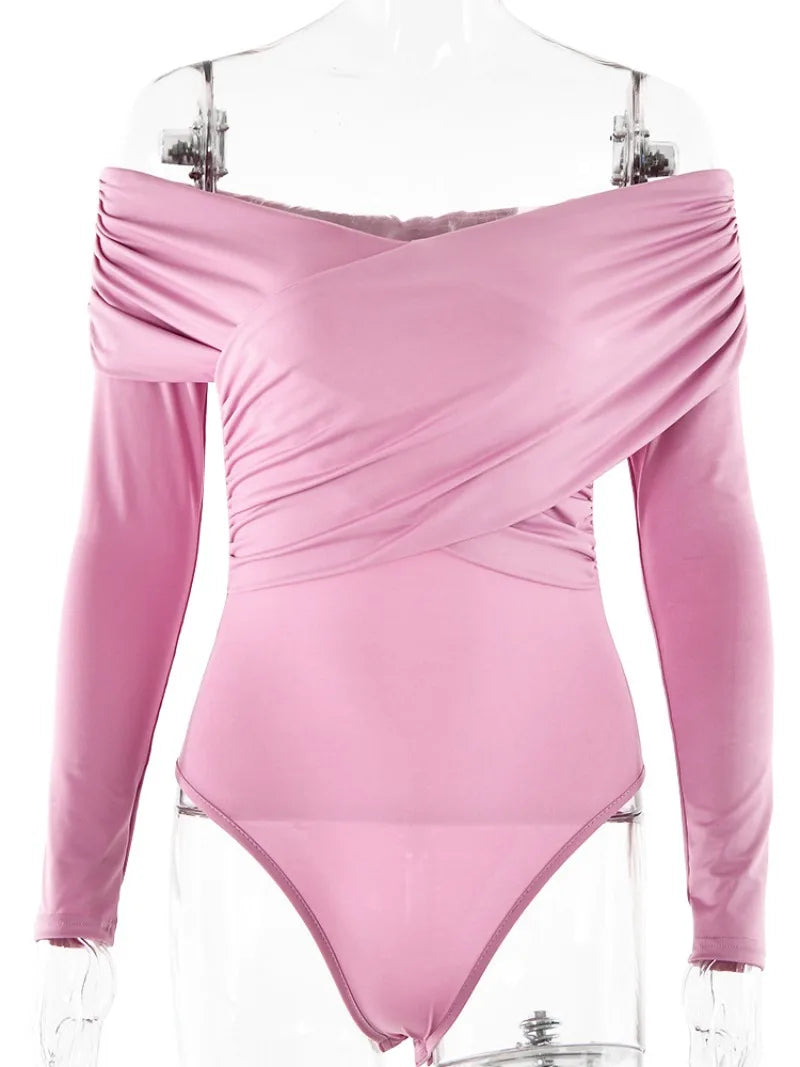 Aiertu  -  2026 Sexy V-neck Long Sleeve Bodysuits Fashion Autumn Off Shoulder One Piece T-shirts Streetwear Female Folds Pink Tops Jumpsuit Aiertu