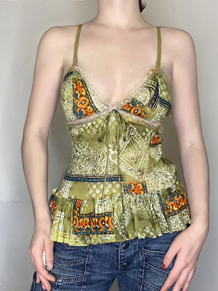 Aiertu  -Vintage Printed Lace Bow Tie Cami Top aiertu