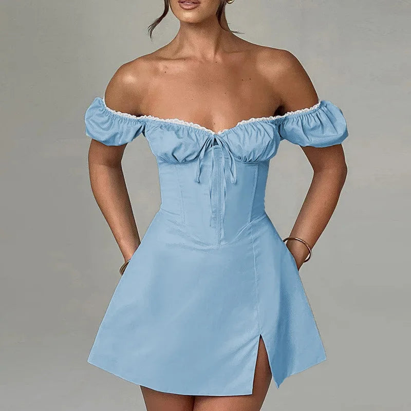 Aiertu  -  European and American women's clothing 2026 summer new one-word shoulder lace split dress sexy short dress Aiertu