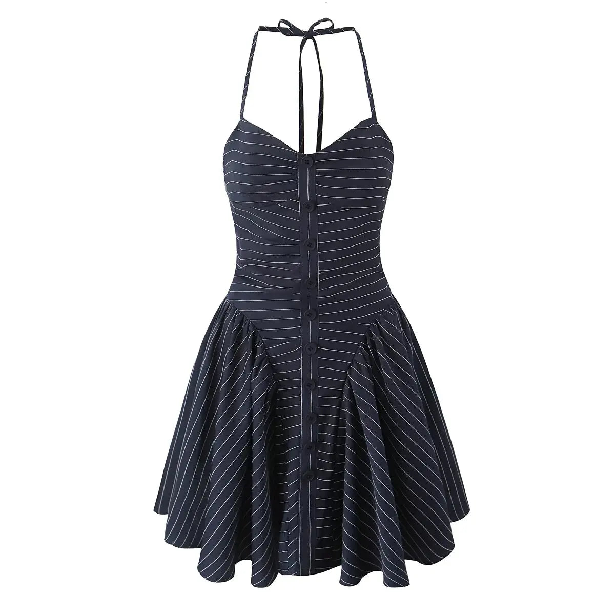 Aiertu  -  Sexy Elegant Women Navy Blue Striped Halter Mini Dress Summer Female Backless Low Waist A-line Party Dresses High Street Robe Aiertu