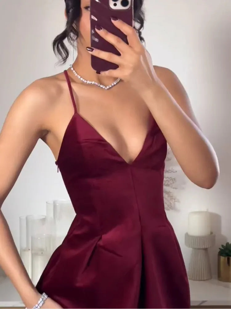 Aiertu  Women Chic Wine Red V-neck Spaghetti Strap Mini Dress Sexy High Waist Slim Pleated Velvet Vestidos New Lady Evening Gowns Aiertu