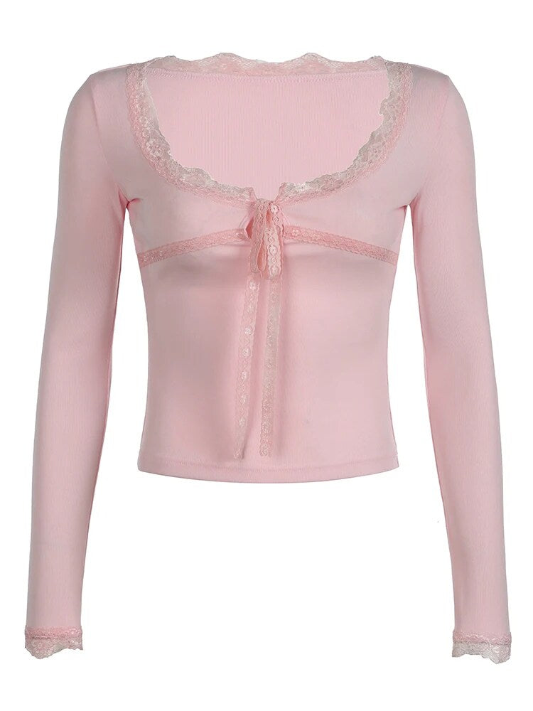 Aiertu - summer inspo Pink Sweet Basic Slim Long Sleeve Tees Top T Shirts Women Cross Tie Lace Patchwork Cute Japanese Kawaii Y2K Clothes Aiertu