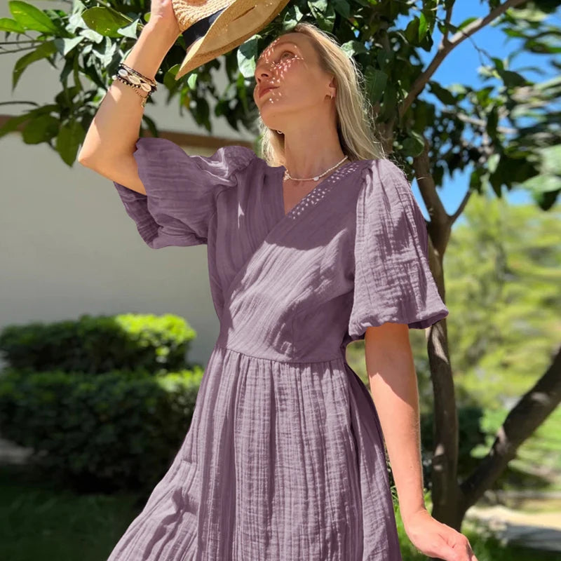 Aiertu  -   Gauze Long Dress For Women Sexy V-Neck Sweet Puff Sleeve Bandage Chic Elegant Party Beach Sundress Aiertu