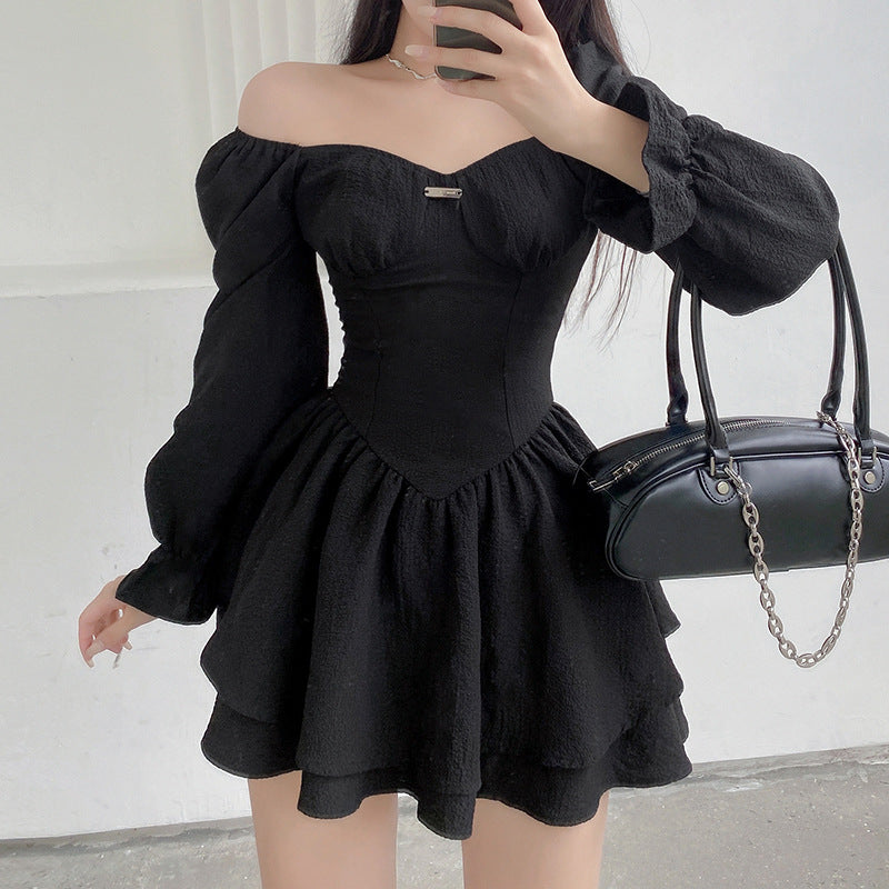 Aiertu - Temperament Square Neck Puff Long Sleeve Double Short Skirt Dress Aiertu