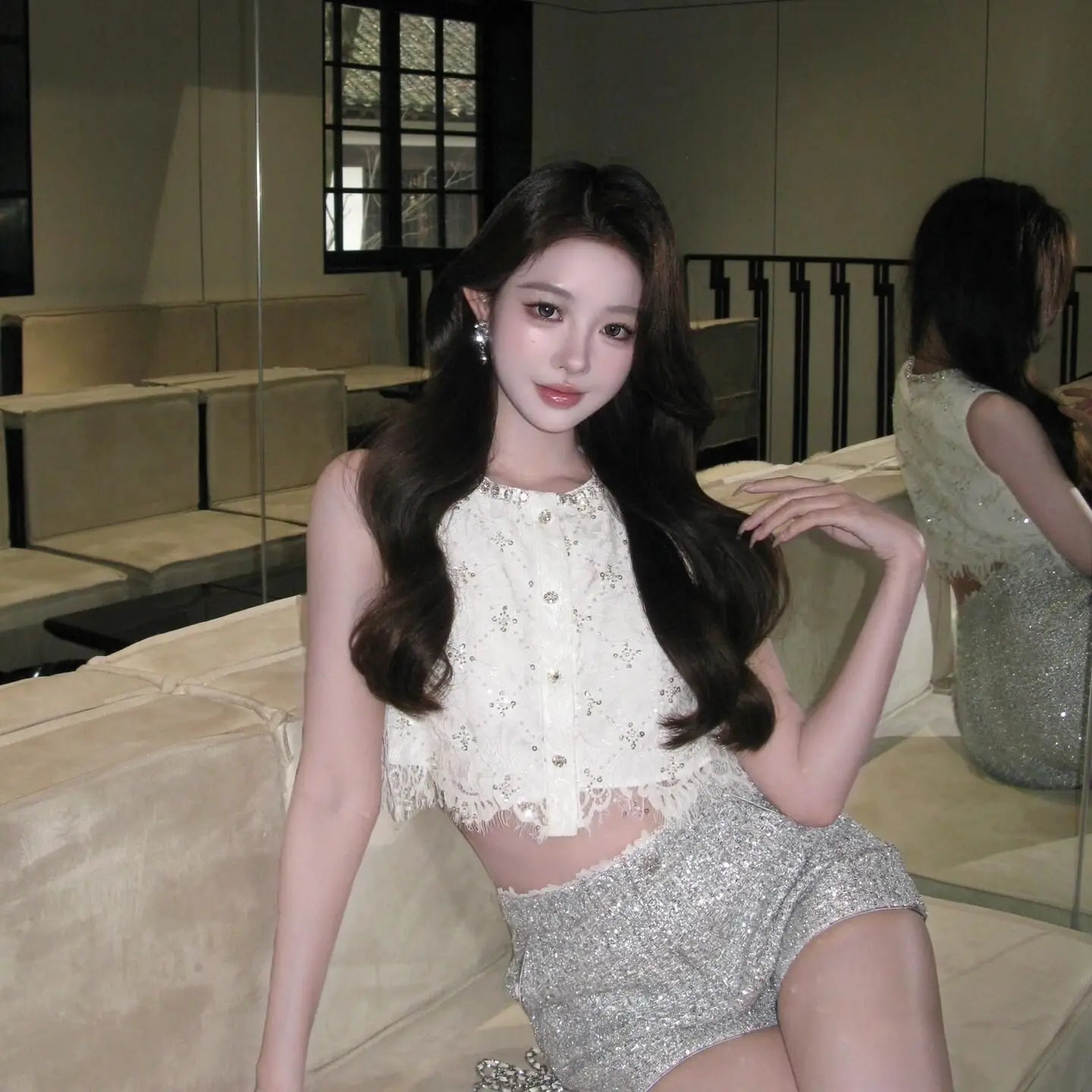 Aiertu  -   Lace Diamond Chain Short Tank Top High Waist Shorts Sets Summer New Fashion Slimming Spicy Girl Two Piece Set Women Outfits Aiertu
