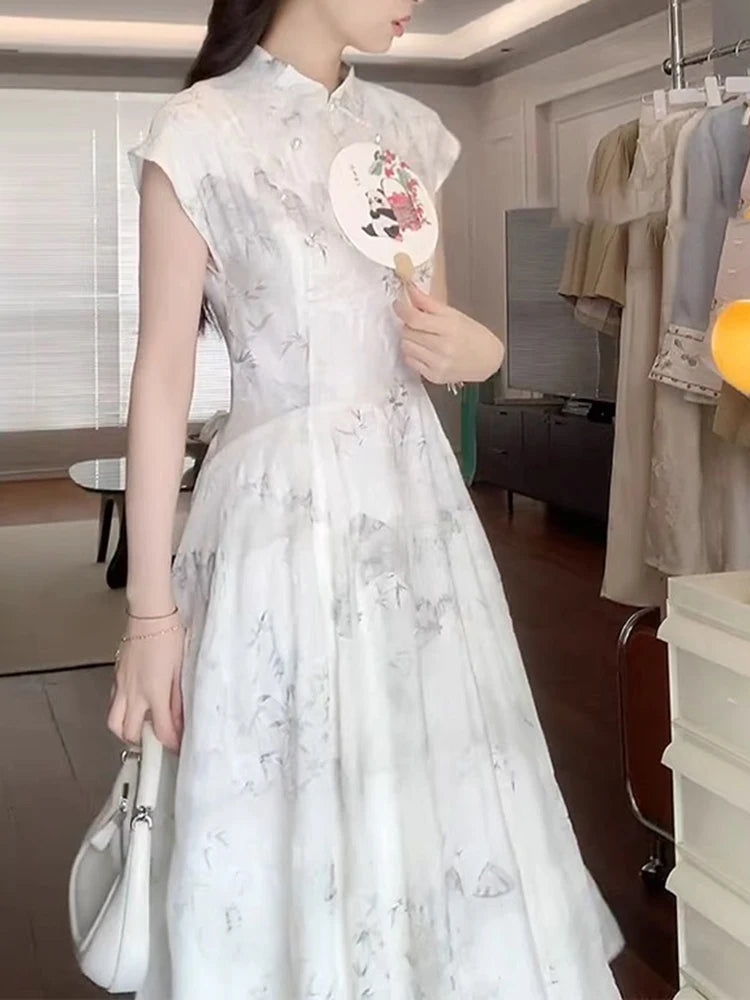 Aiertu  -  New Chinese Style White Sweet Chicly Printed Female Dresses Summer Fashion Elegant Office Ladies Simple Casual Dress for Women Aiertu