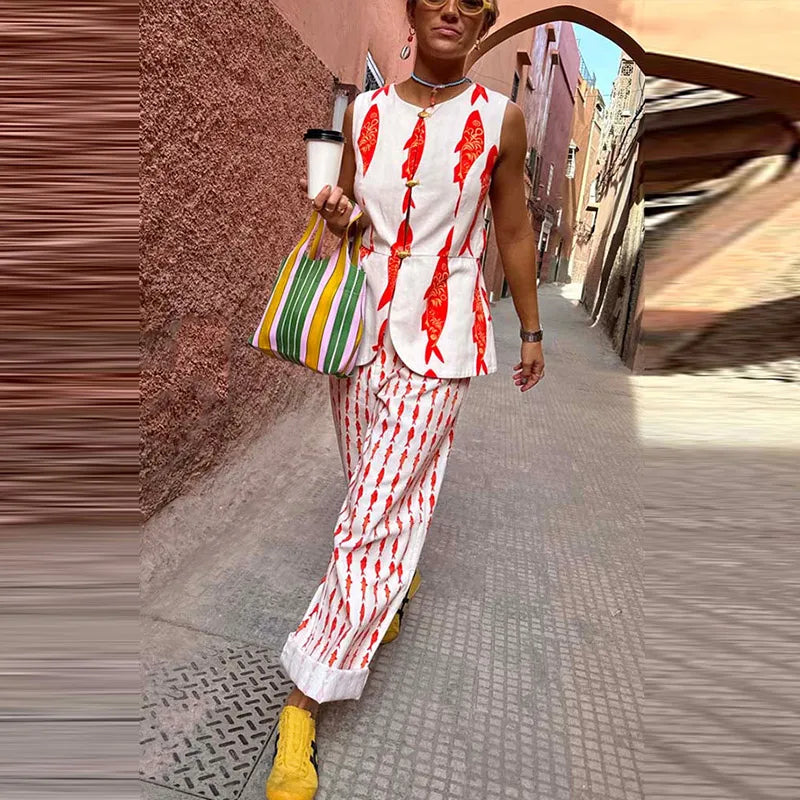 Aiertu    -  Fashion Women's Printed Vest Trouser Suits Sleeveless O-Neck Button Straight Pants Lady Sets 2025 Summer 2 Pieces Set Women Aiertu