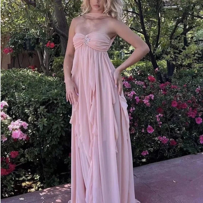 Aiertu  -  Chic Ruffles Scarf Collar Long Dress Women Elegant High Slit Off Shoulder Backless Tassel Midi Dresses Lady Solid Vacation Robes Aiertu