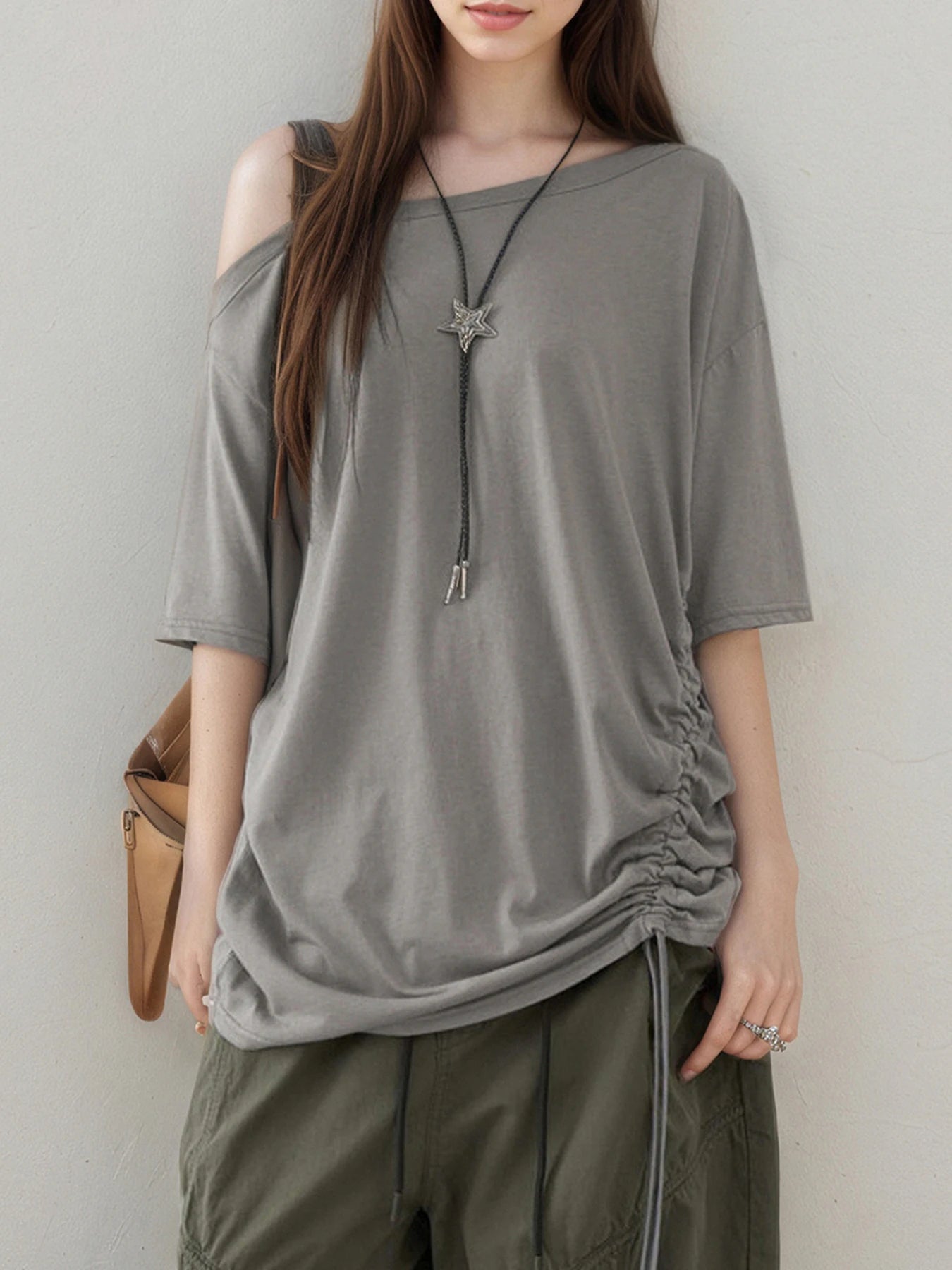 Aiertu  -  Solid Grey Loose Drawstring T-shirt Asymmetrical Off-shoulder Short Sleeve T Shirts Women Casual Summer Tees y2k Vintage Aiertu