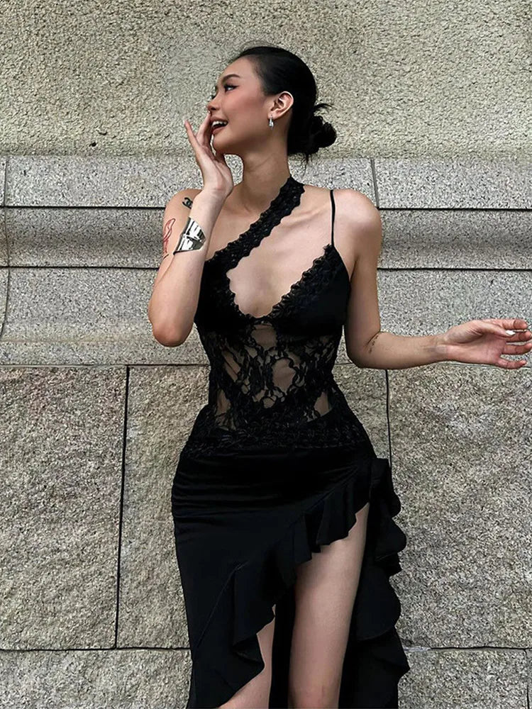 Aiertu  -  Sexy Hollow Out Dress Women Sling Backless Irregular Ruffle Hem Split Dresses Female 2025 Spring Summer Lace Club Bar Lady Robe Aiertu