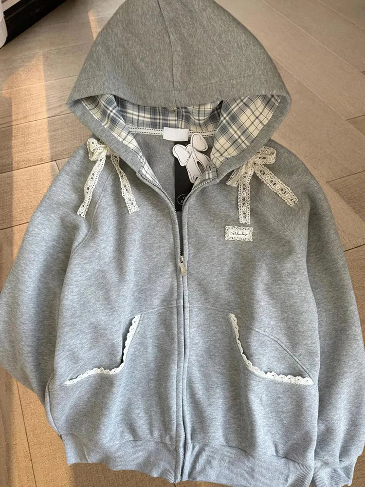 Aiertu  Lace Patchwork Hoodies Women Cute Bow Long Sleeve Sweatshirt Japan Preppy Style Sweet Loose Long Sleeve Female Gray Outwear Aiertu