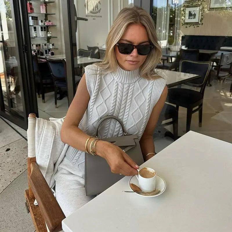 Aiertu  -  Casual Knitted High Collar Vest Women Loose Solid Sleeveless Female Waistcoat  Autumn Lady Cozy All-match Twist Pullovers Aiertu
