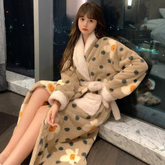 Aiertu  -  Women Print Mid-calf Robes Design Winter Warm Thick Korean Style Homewear Lounge Casual Popular Feminino Fashion Loose Bathrobe Aiertu