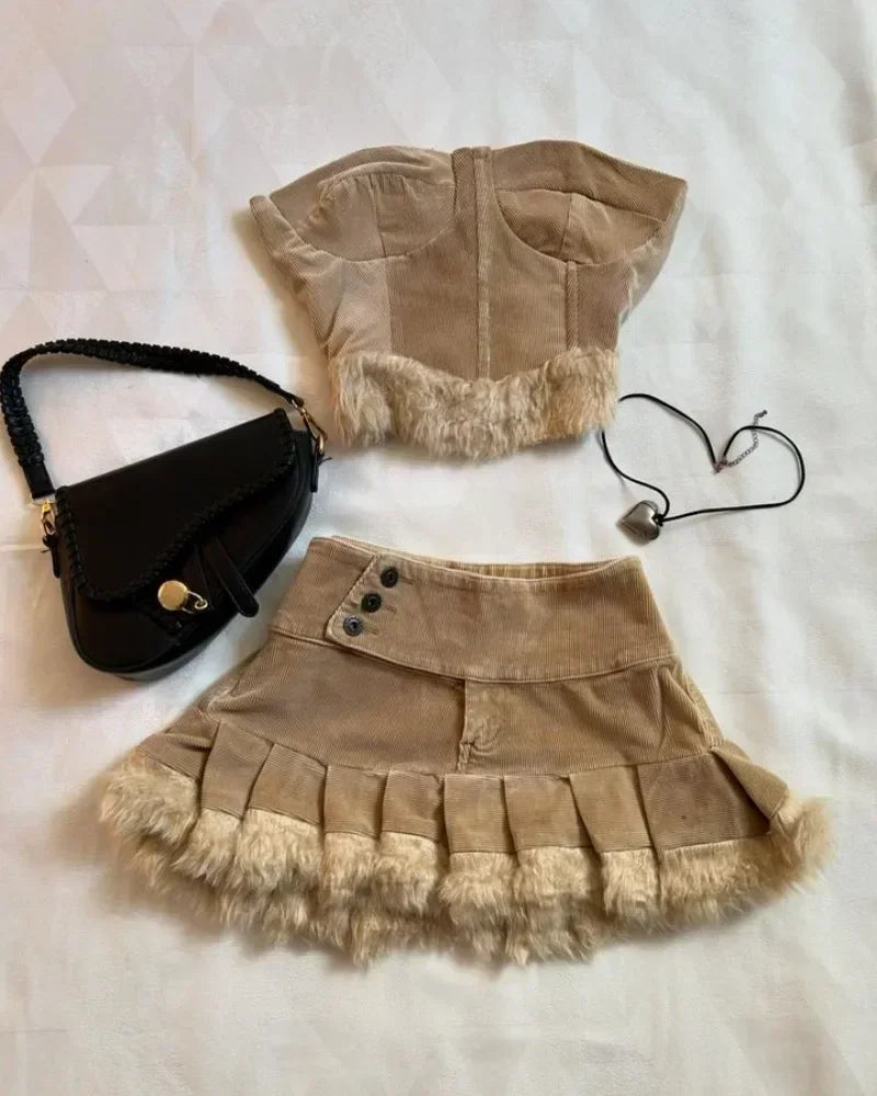 Aiertu  -  American Sweater Skirt Suit Two Piece Harajuku Women Fashionable V Neck Vest Striped Knitted Stitching Sexy Mini Skirt Short Top Aiertu