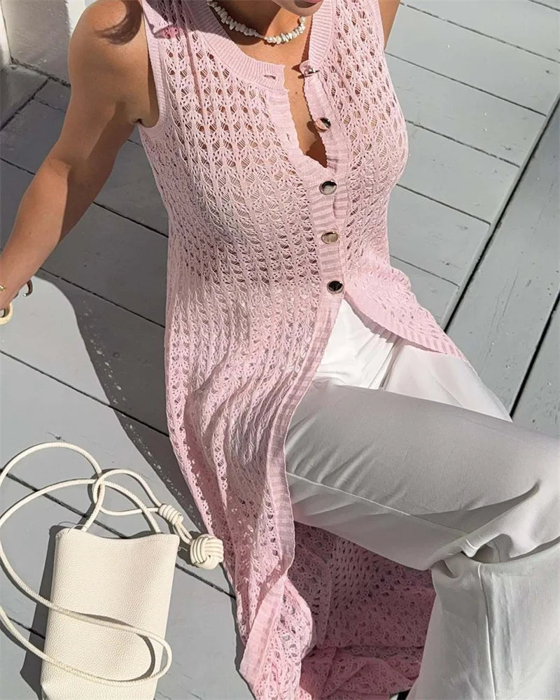 Aiertu  -  Knit Vest Cardigan Beach Dress Long Pants 2 Pieces Sets For Women Hollow Out Sexy See Through Cardigan Long Pants Sets Aiertu