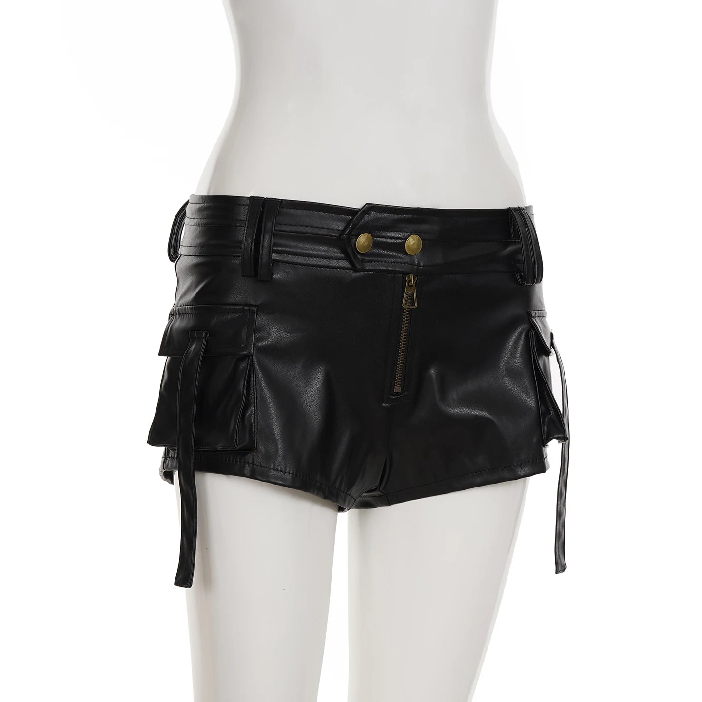 Aiertu  -  Punk Style Black Leather Shorts Solid Skinny Button-up Low Rise Pockets Patchwork Cargo Shorts Women Summer Streetwear Aiertu