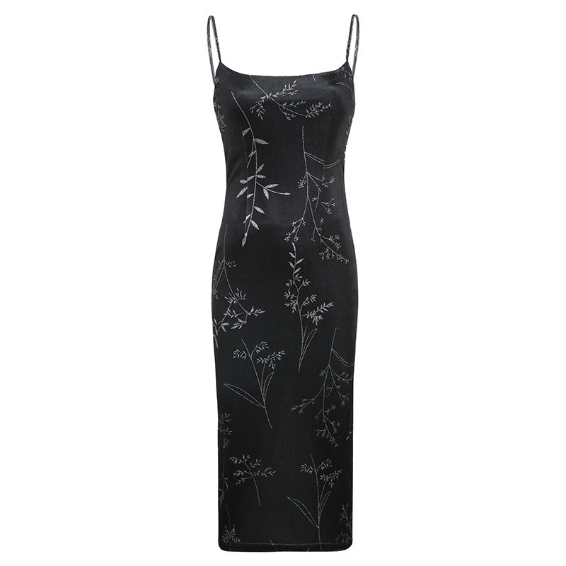 Aiertu - Dark Vintage Leaves Velvet Dress Aiertu