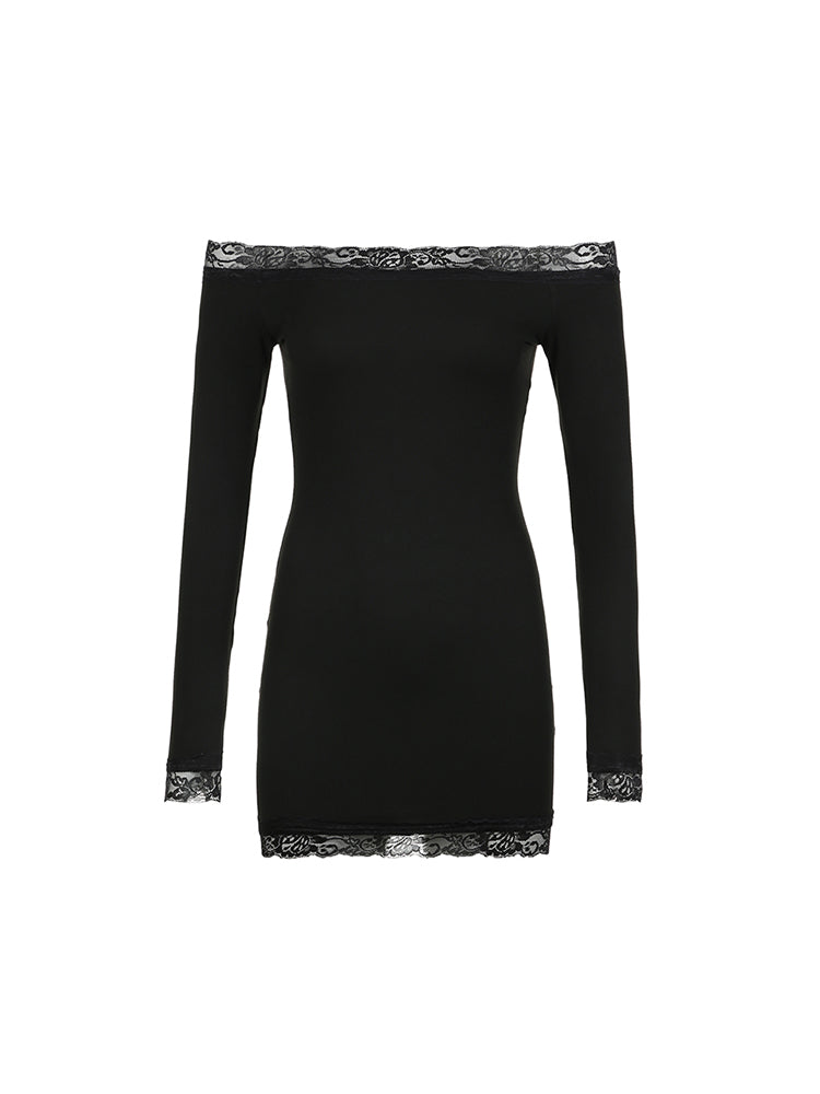 Aiertu - summer inspo Solid Slim Lace Trim Off Shoulder Long Sleeve Black Short Dress Women Elegant Sexy Party Dresses Aiertu
