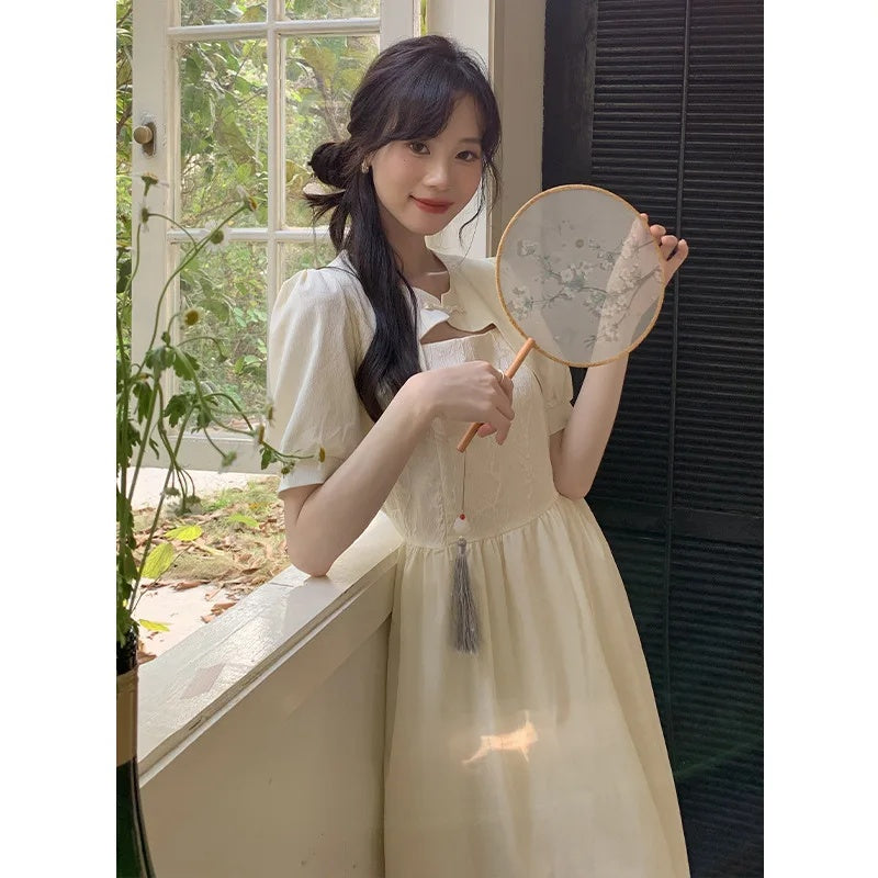 Aiertu  Summer Hot Sale Of The Season New Chinese Style Pure Color Belted Waist Gown with Button Detail Elegant Atmosphere Women's Dress Aiertu
