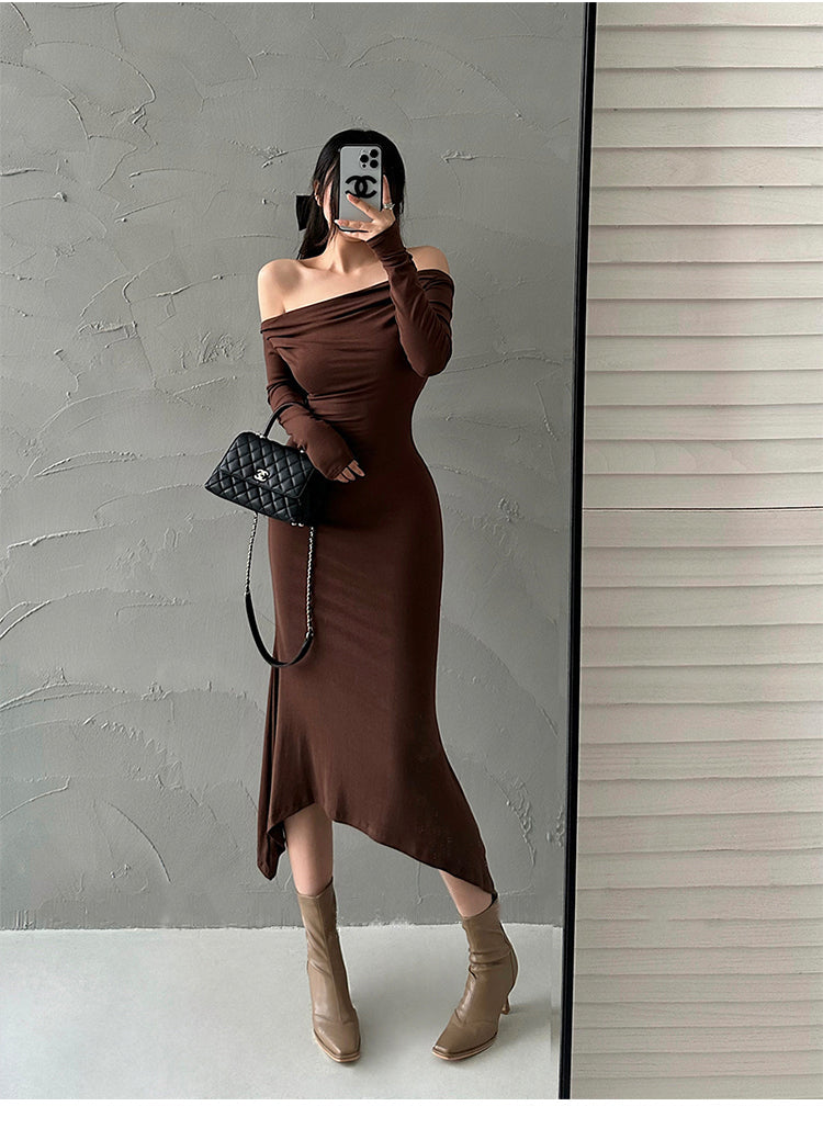Aiertu Solid Color Slim Off The Shoulder Long Sleeve Dress Aiertu