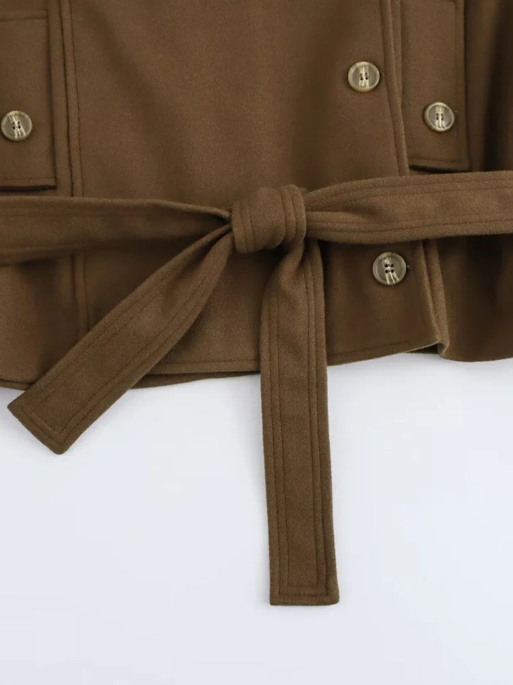 Aiertu  Women Fashion With Belt Brown Single Breasted Jackets Vintage Lapel Neck Long Sleeves Female Chic Lady Outfits Aiertu