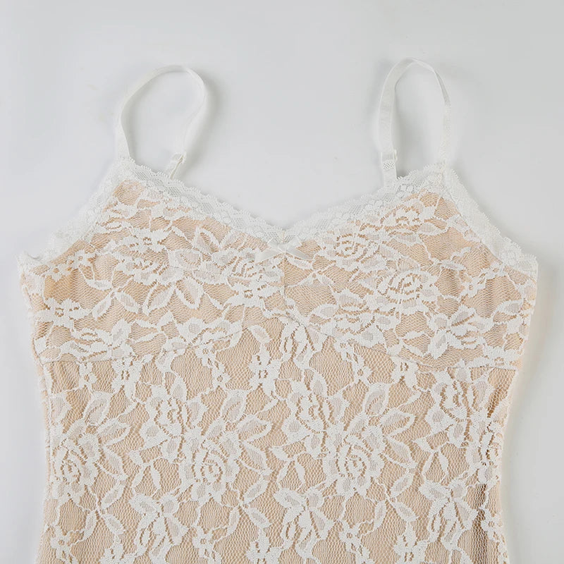 Aiertu  Fashion Lace Sheer Sexy Camisole Dresses Sleeveless Skinny Simple Hotsweet Elegant Mini Dresses Aiertu