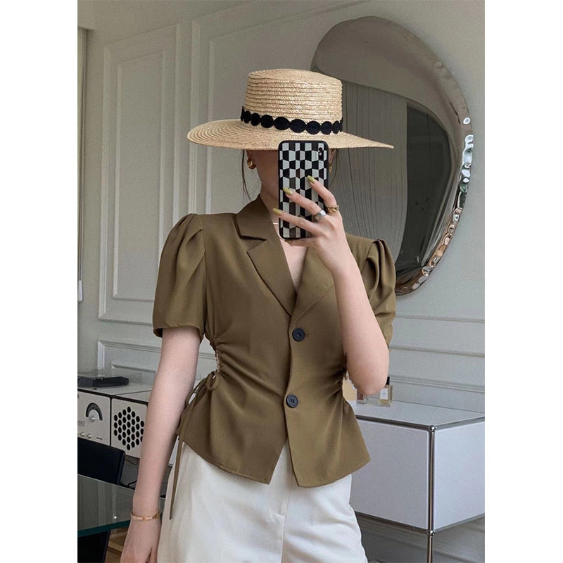 Aiertu Elegant Cropped Shirts Women Vintage Sexy Hollow Out Shirring Blouses Summer Office Ladies Korean Puff Sleeve Chic Tops Aiertu