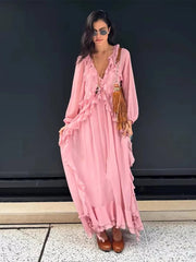 Aiertu  -  Ruffle Lace Deep V-neck Big Swing Long Dress Women Elegant Drawstring High Waist Long Flare Sleeve Holiday Pleated Lady Dresses Aiertu