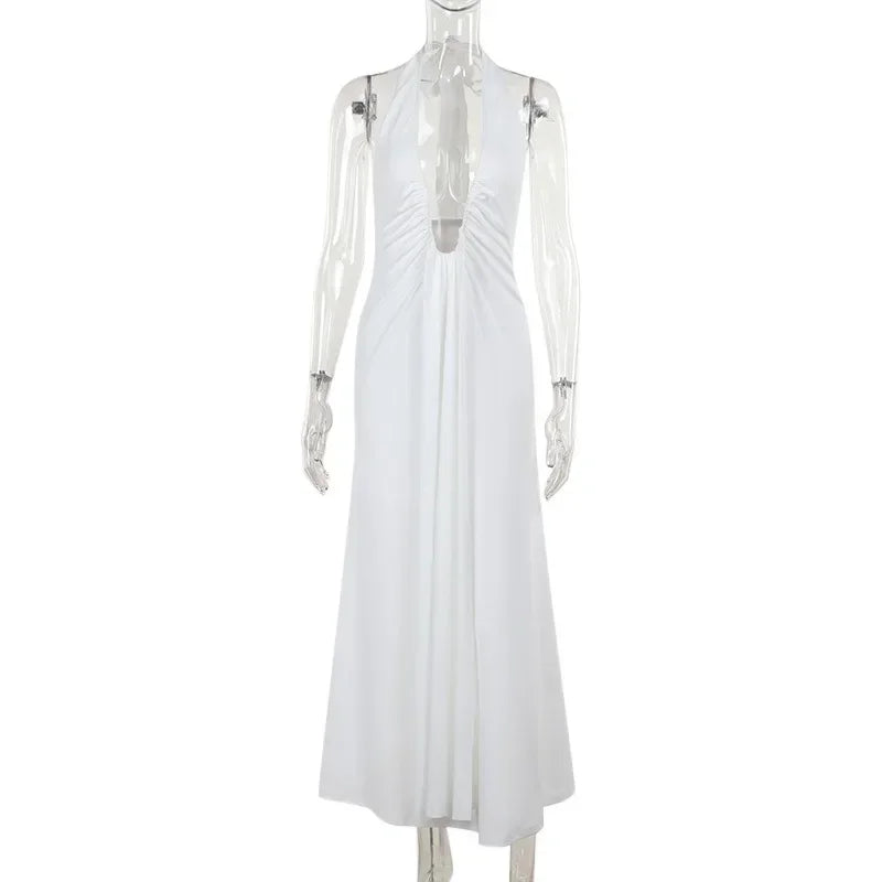 Aiertu  -   party look snspos White Deep V Halter Neck Long Dress Women's Sexy Bandage Patchwork Sleeveless Party Dress Slim Hollow Backless Dress Aiertu