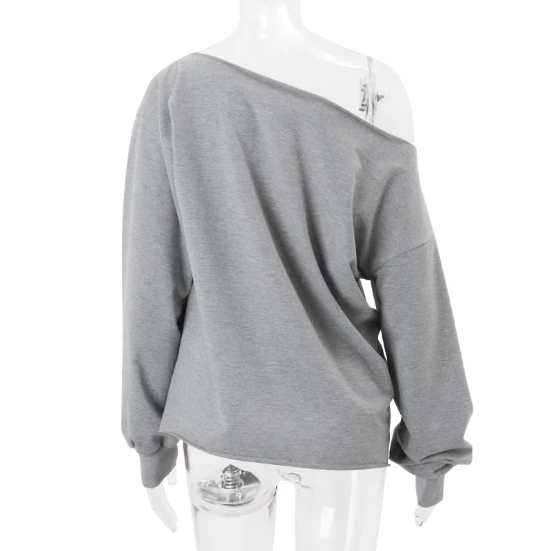 Aiertu  Letter Print Long Sleeve Skew Collar Loose Casual Irregular T-Shirt Fashion Vintage Tops Autumn Streetwear Sweatshirt Aiertu