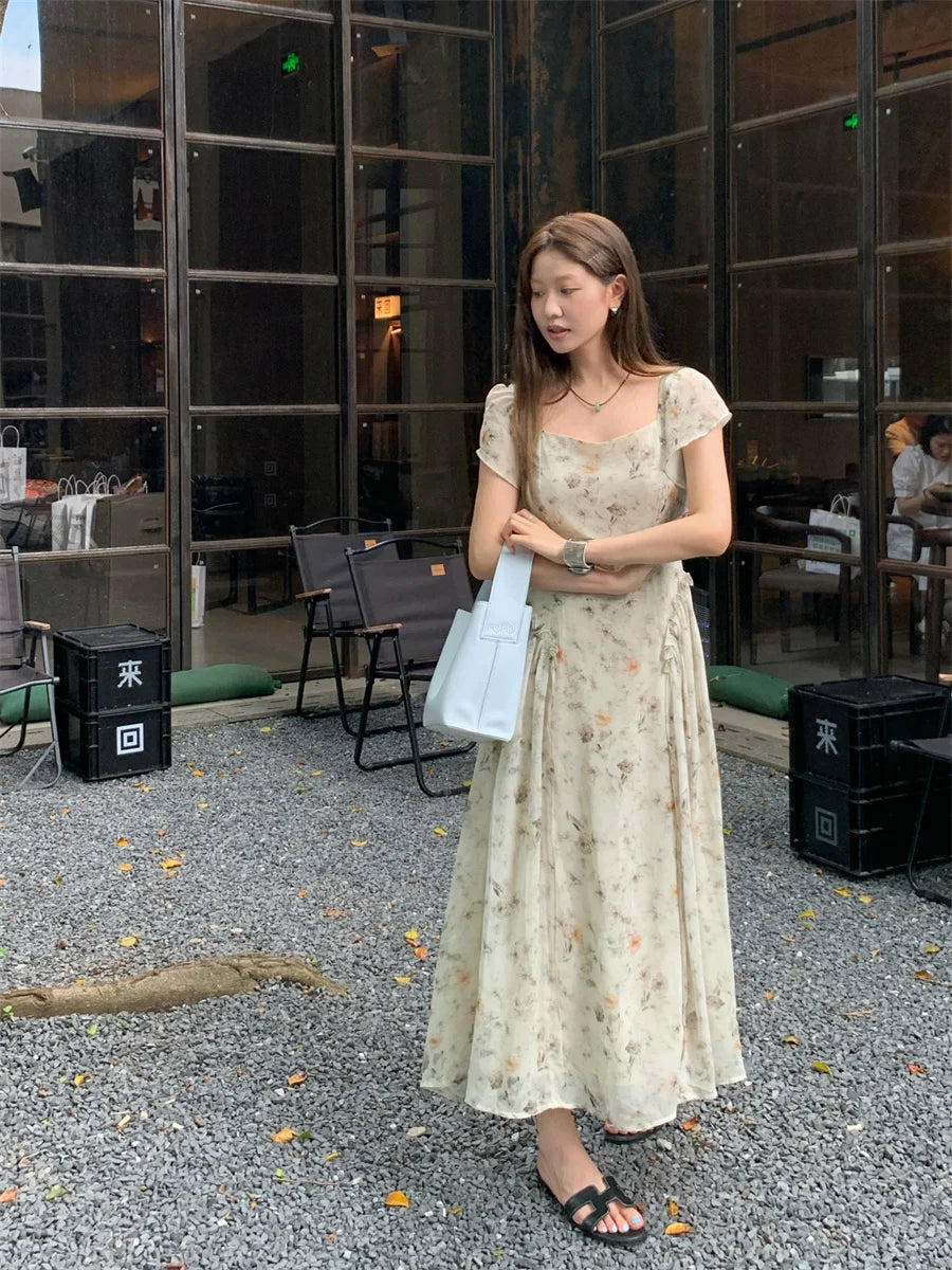 Aiertu  -  Vintage Elegant Women's Slim Summer Long Chiffon Dress Smudge Flower Square Collar Flattering Maxi Sundress Female Aiertu