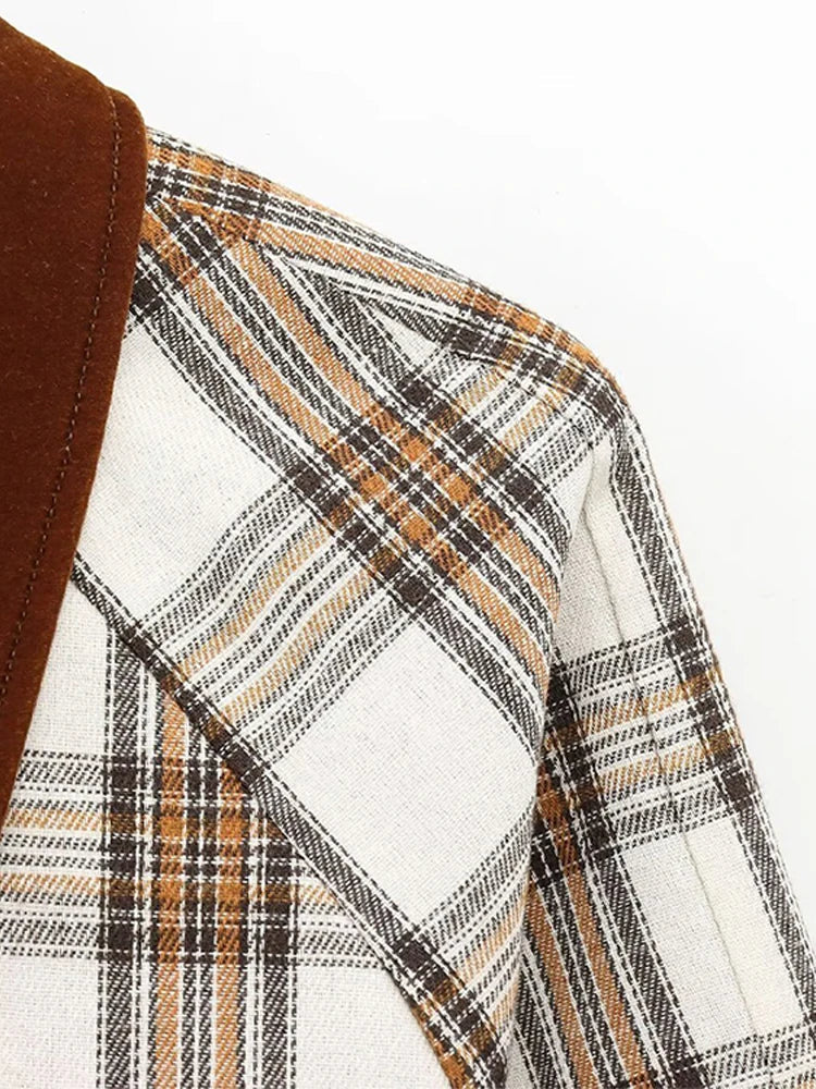 Aiertu  -  Patchwork Plaid Cape Style Jacket Coat Lapel Vintage Pocket Short Overcoat Loose Casual Fashion Temperament Women Outwear Spring Aiertu