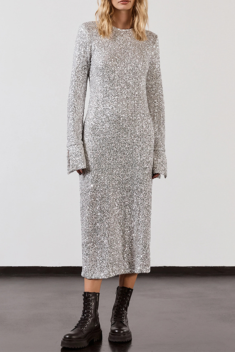Aiertu  -Casual Street Sequins Backless O Neck Long Sleeve Dresses aiertu