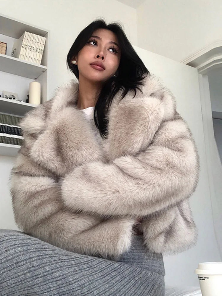 PICSGIRL  -  Elegant Solid Faux Fur Women Coat Full Sleeve Loose Lapel Lady Jacket Fashion Autumn Winter Warm Thicken Female Outwear Aiertu