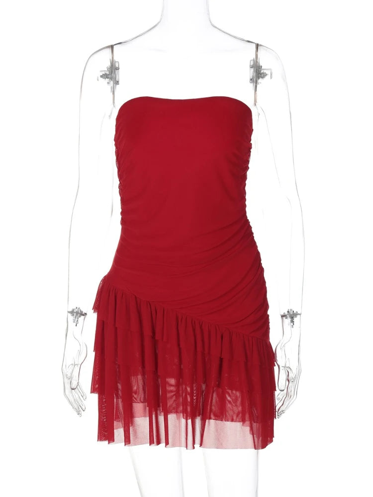 Aiertu  -  Woman Clothes Strapless Ruffles Short Wrap Dress Red Streetwear 2026 Summer Sleeveless Backless Ruched Party Night Club Dresses Aiertu